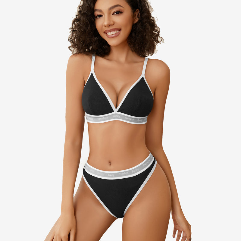 Black contrast lingerie set, ribbed knit, white trim, "Timeless Beauty" print, Avidlove