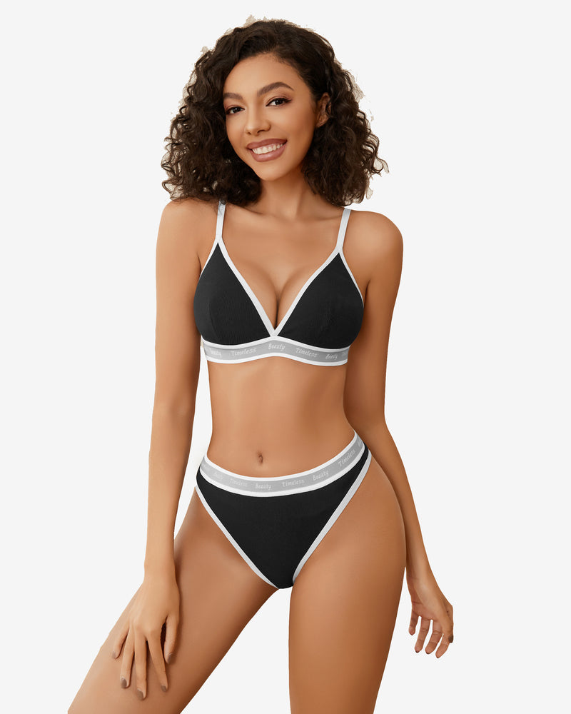 Black contrast lingerie set, ribbed knit, white trim, "Timeless Beauty" print, Avidlove