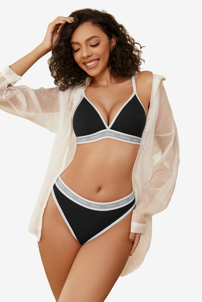 Avidlove black contrast bra and panty set with "Timeless Beauty" print. Sexy lingerie.