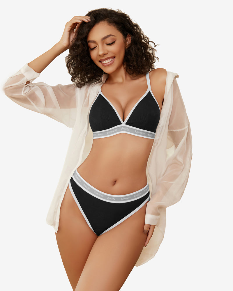 Avidlove black contrast bra and panty set with "Timeless Beauty" print. Sexy lingerie.