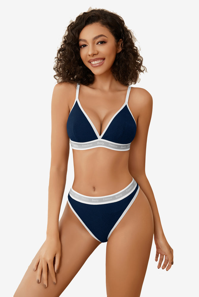 Navy blue ribbed knit contrast lingerie set with white trim and "Timeless Beauty" print, Avidlove
