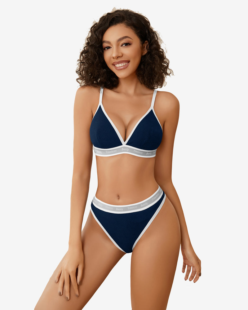 Navy blue ribbed knit contrast lingerie set with white trim and "Timeless Beauty" print, Avidlove