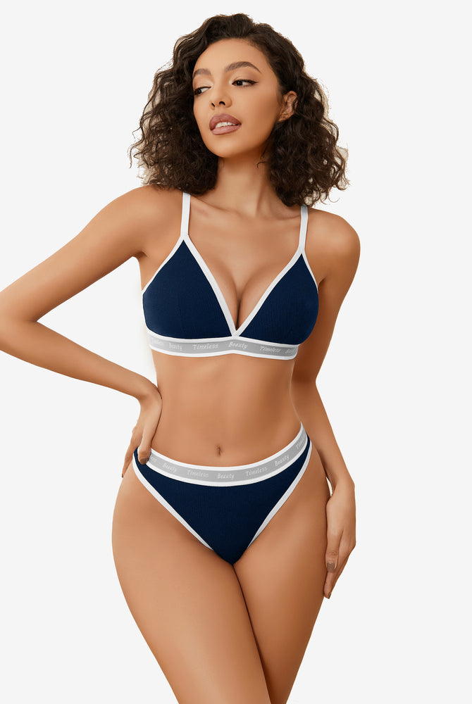 Avidlove navy blue contrast lingerie set, ribbed knit, white trim, "Timeless Beauty" print