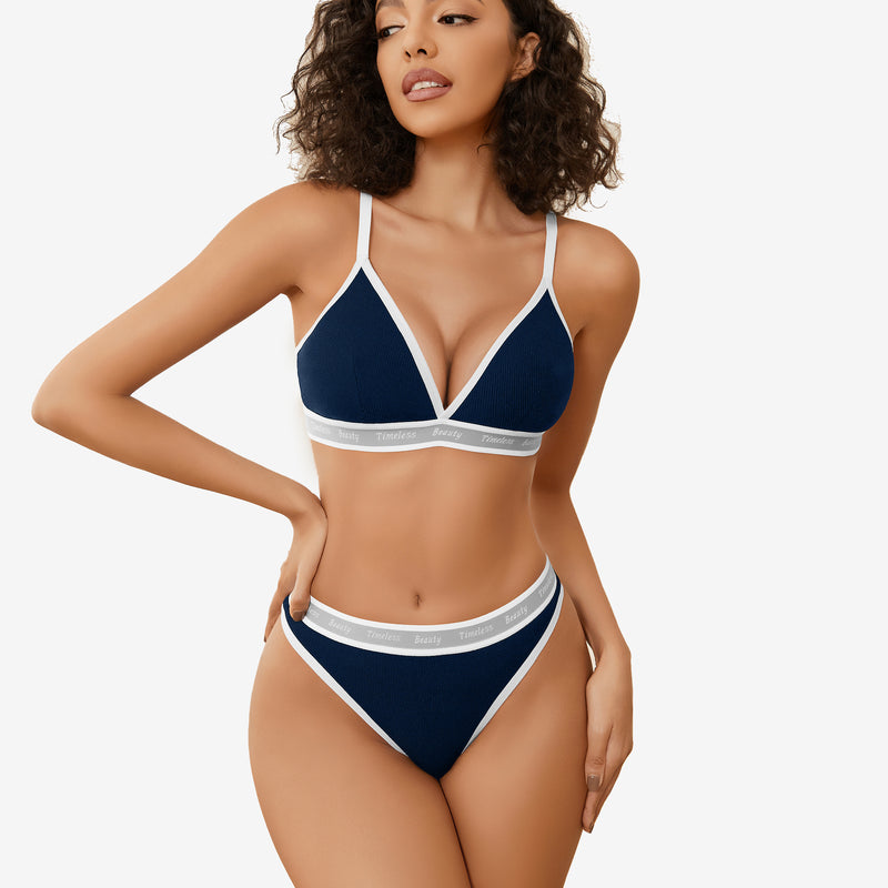 Avidlove navy blue contrast lingerie set, ribbed knit, white trim, "Timeless Beauty" print