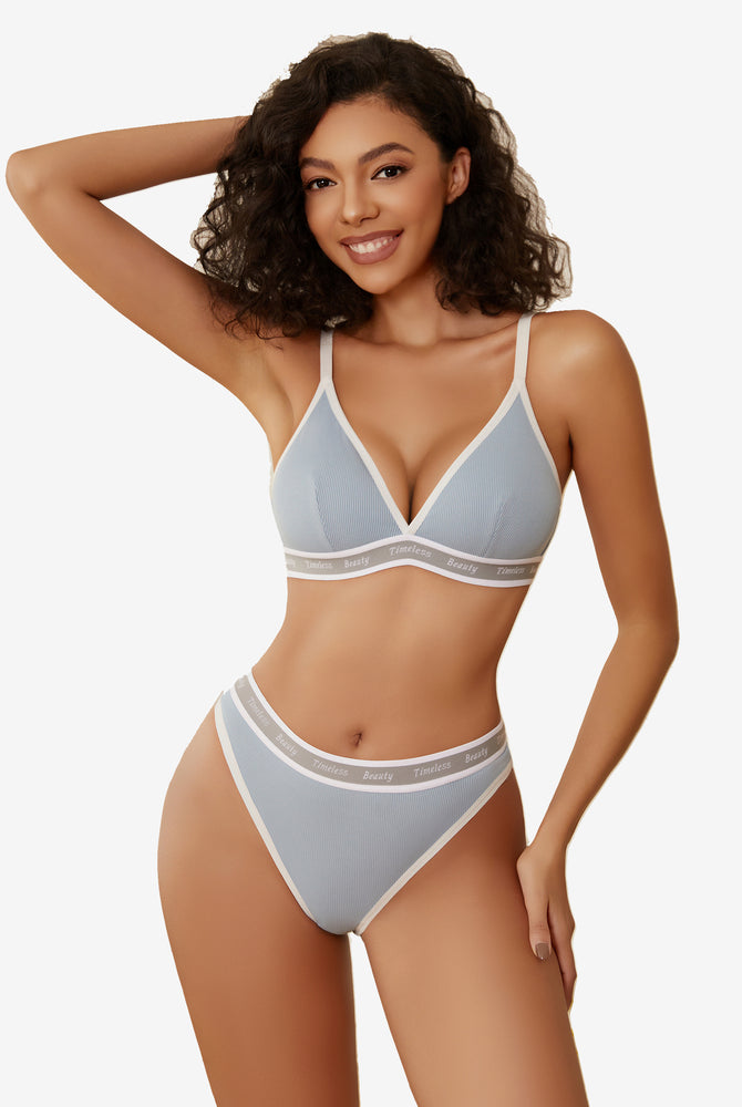 Light blue ribbed knit contrast lingerie set with white trim and "Timeless Beauty" print, Avidlove