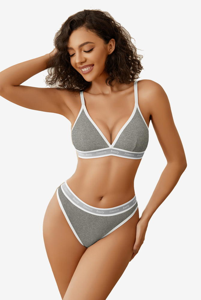 Gray ribbed knit contrast bra and panty set with white trim and "Timeless Beauty" print, Avidlove
