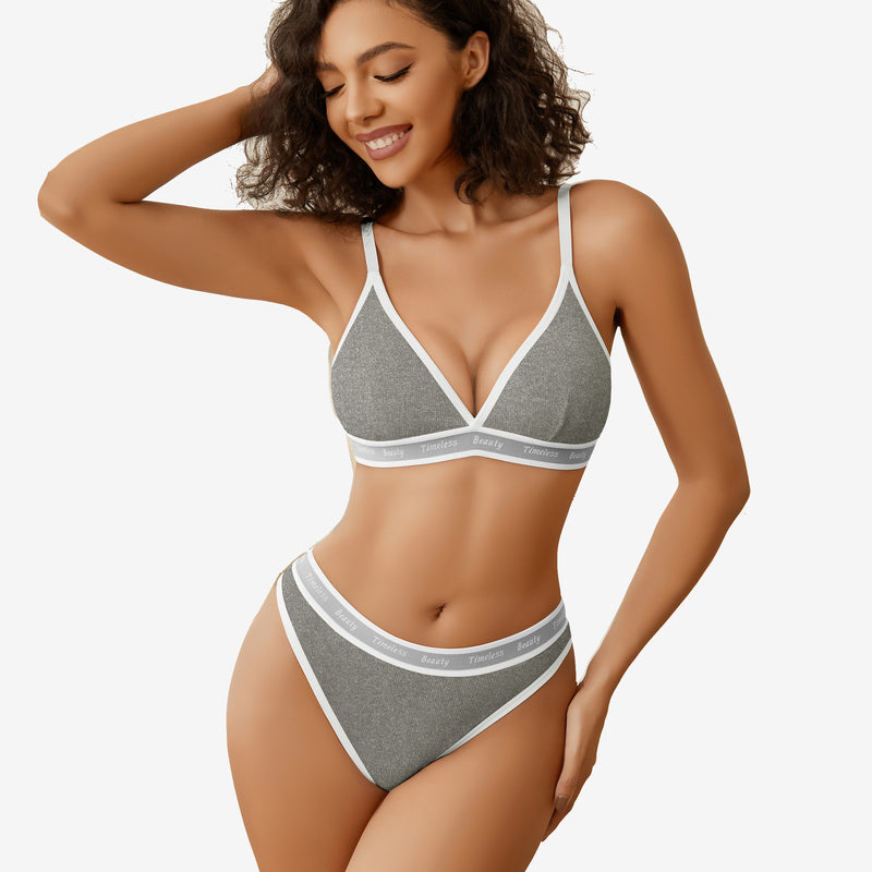 Gray ribbed knit contrast bra and panty set with white trim and "Timeless Beauty" print, Avidlove