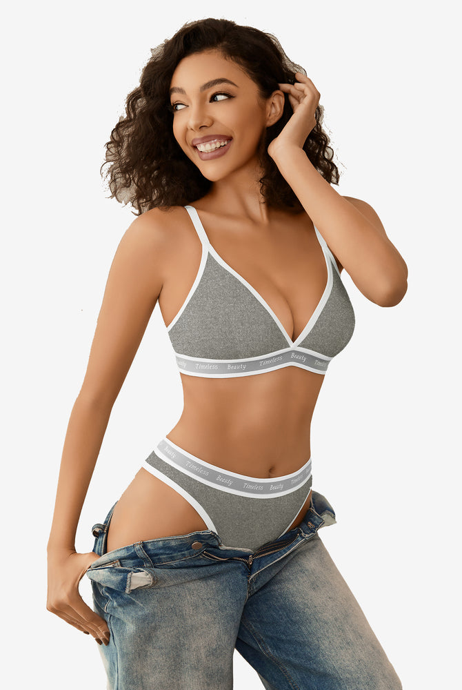 Gray ribbed knit lingerie set with "Timeless Beauty" print, contrast trim, adjustable straps.
