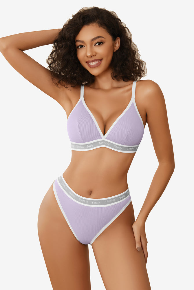 Avidlove lavender ribbed knit lingerie set with white trim and "Timeless Beauty" print