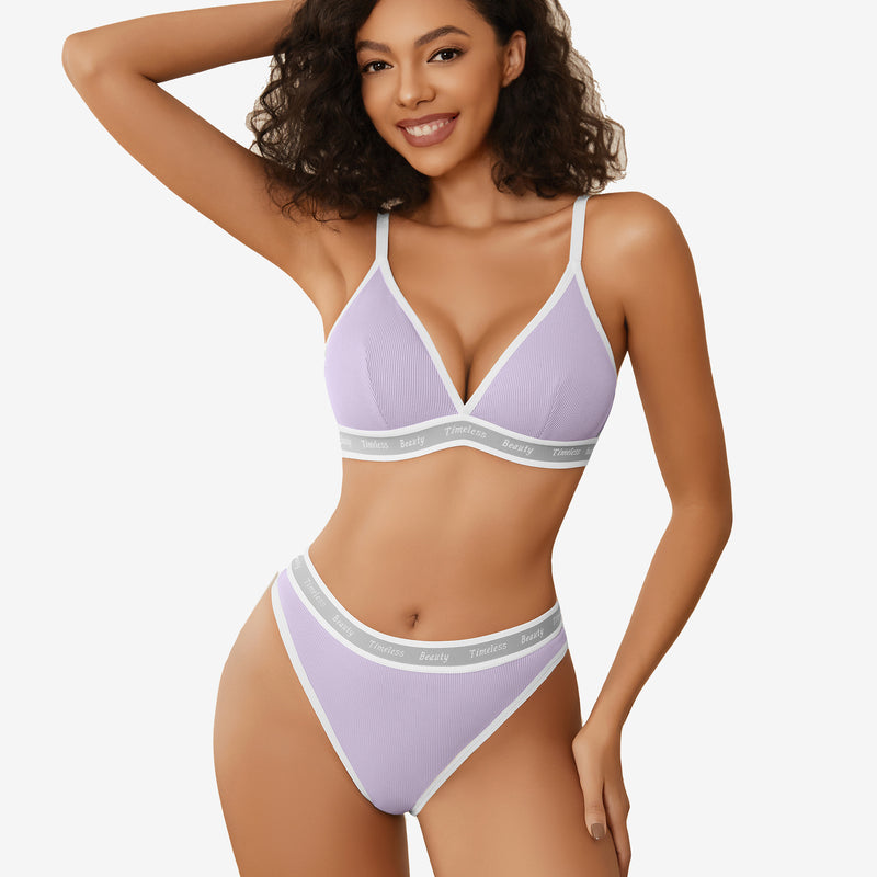 Avidlove lavender ribbed knit lingerie set with white trim and "Timeless Beauty" print