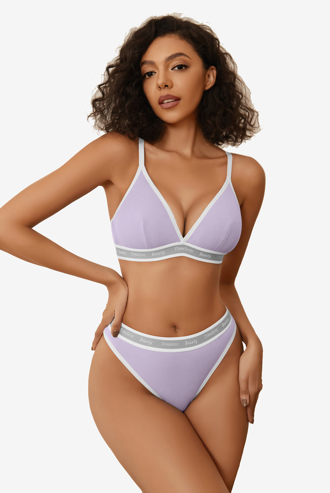 Lavender contrast bra and panty set with "Timeless Beauty" print, ribbed knit lingerie