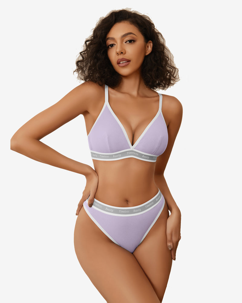 Lavender contrast bra and panty set with "Timeless Beauty" print, ribbed knit lingerie