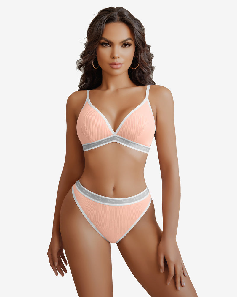 Peach ribbed knit contrast lingerie set with white trim and "Timeless Beauty" print
