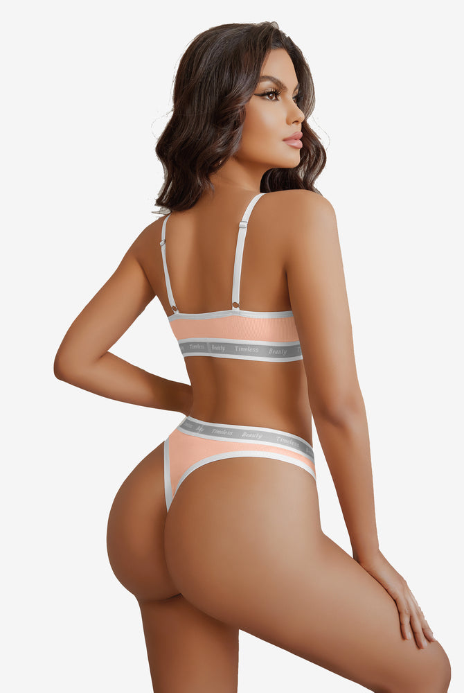 Peach ribbed knit contrast lingerie set with white trim and "Timeless Beauty" print, Avidlove