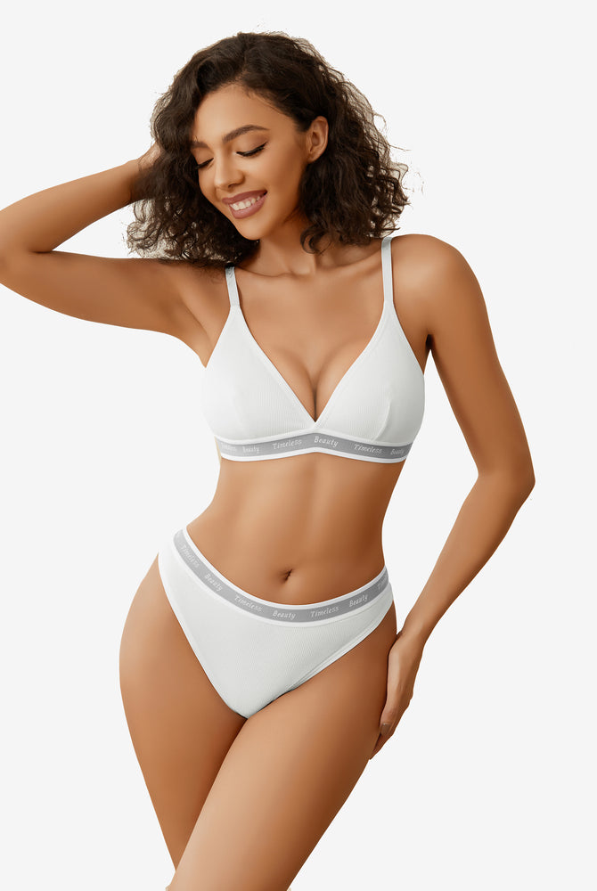 White ribbed knit contrast bra and panty set with "Timeless Beauty" print, Avidlove