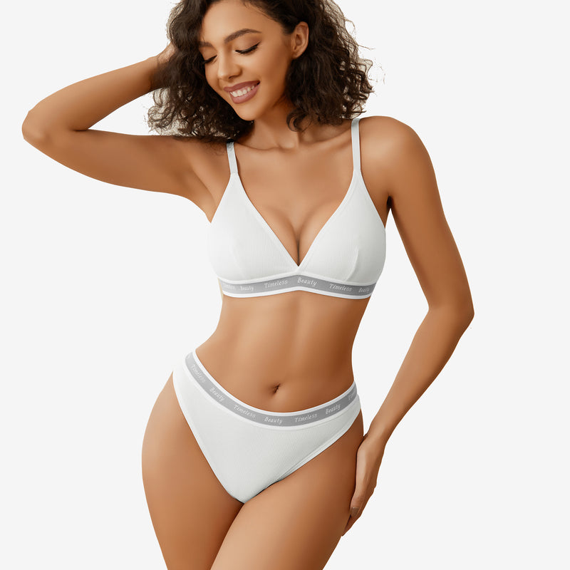 White ribbed knit contrast bra and panty set with "Timeless Beauty" print, Avidlove
