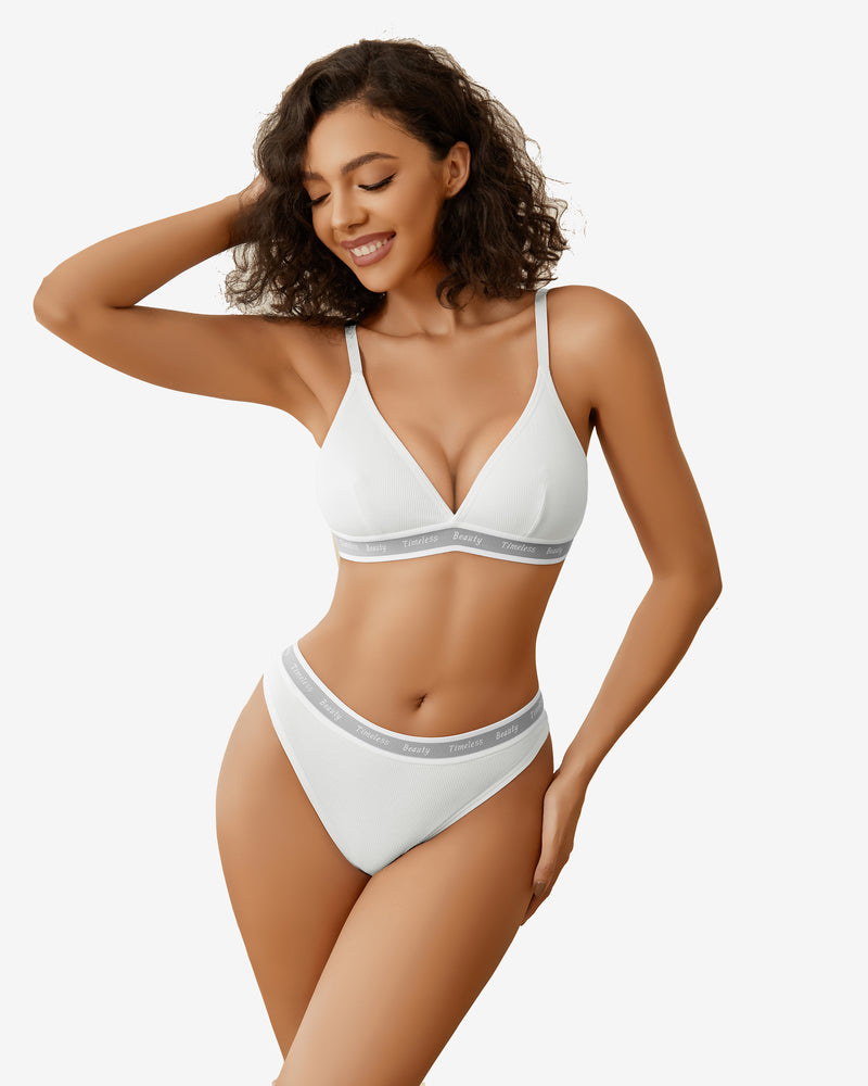 White ribbed knit contrast bra and panty set with "Timeless Beauty" print, Avidlove