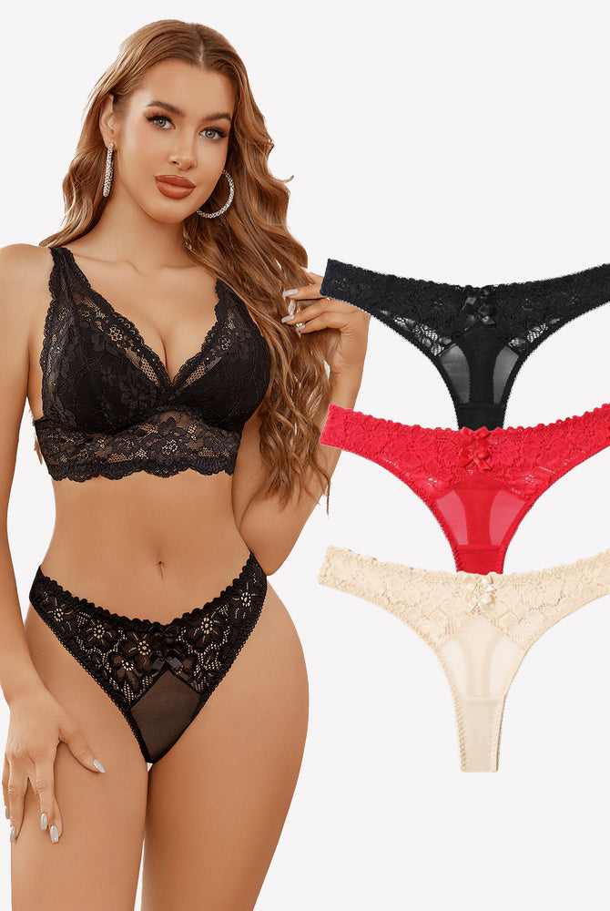 Black lace lingerie set with model, featuring mesh thongs in various colors for an elegant look.