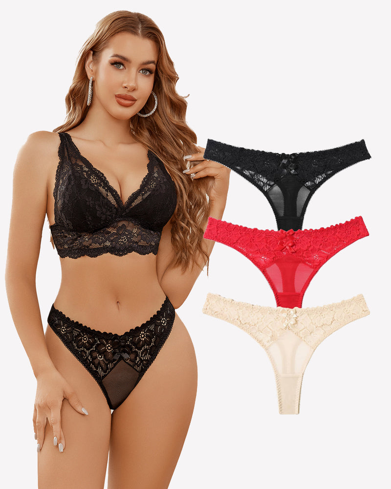 Black lace lingerie set with model, featuring mesh thongs in various colors for an elegant look.