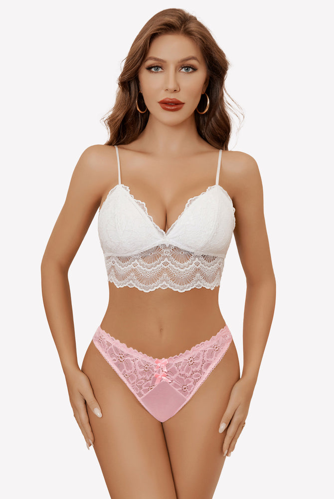 White lace bralette and pink mesh lace thong set, low waist panties, elegant lingerie