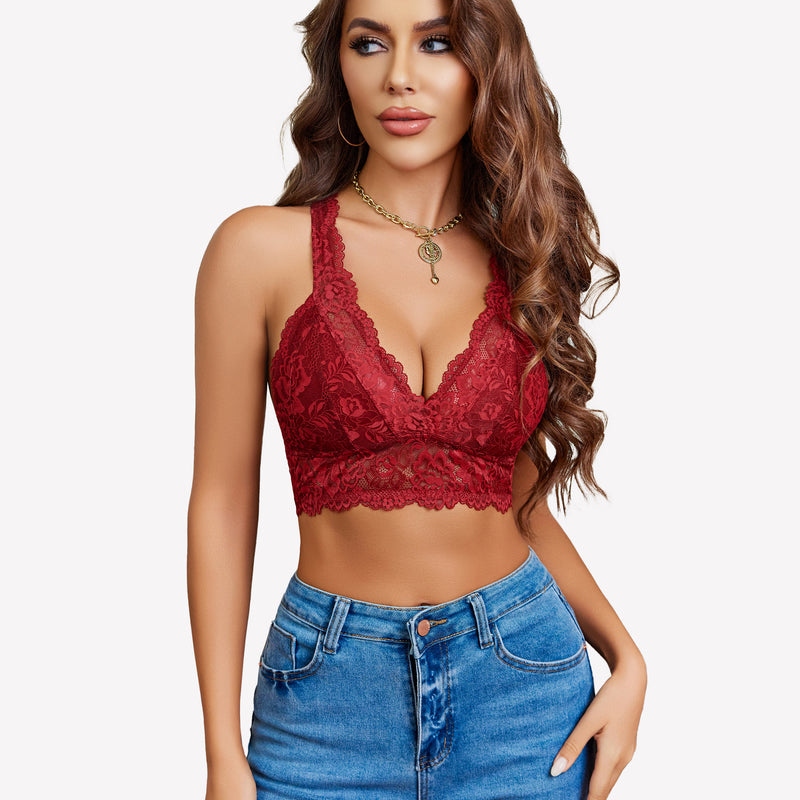 Burgundy lace bralette with plunging neckline, racerback, and jeans. Stylish wireless bra.
