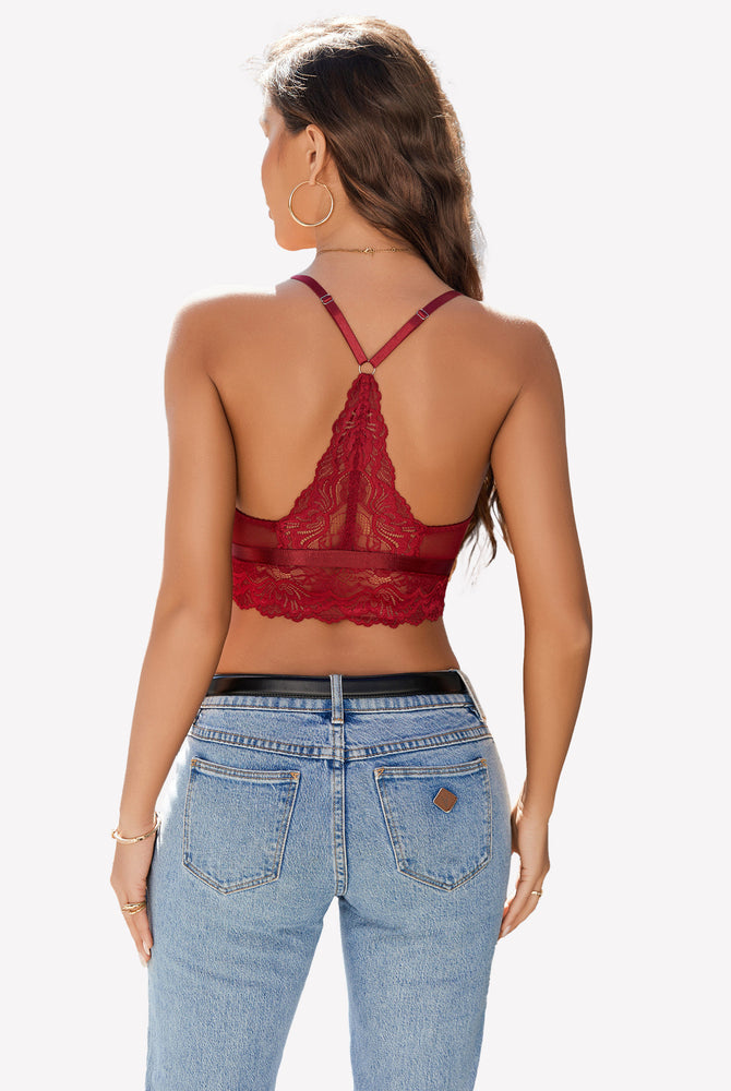 Burgundy lace racerback cami tank top with floral lace trims and blue jeans, seductive style