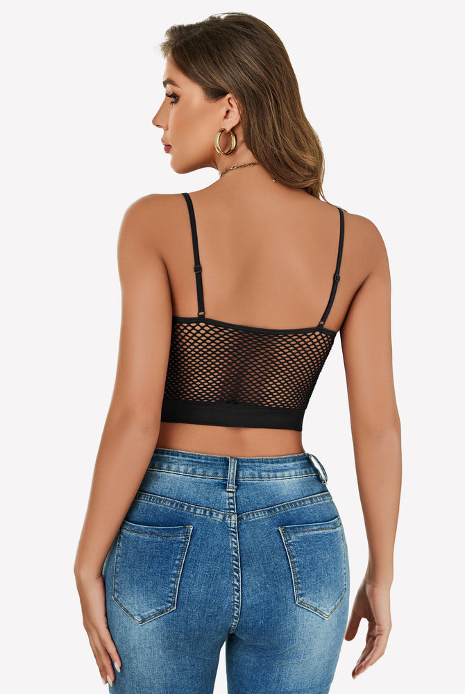 Black fishnet crop top, Y2k bralette, back view, mesh detail, showing attractive curves.