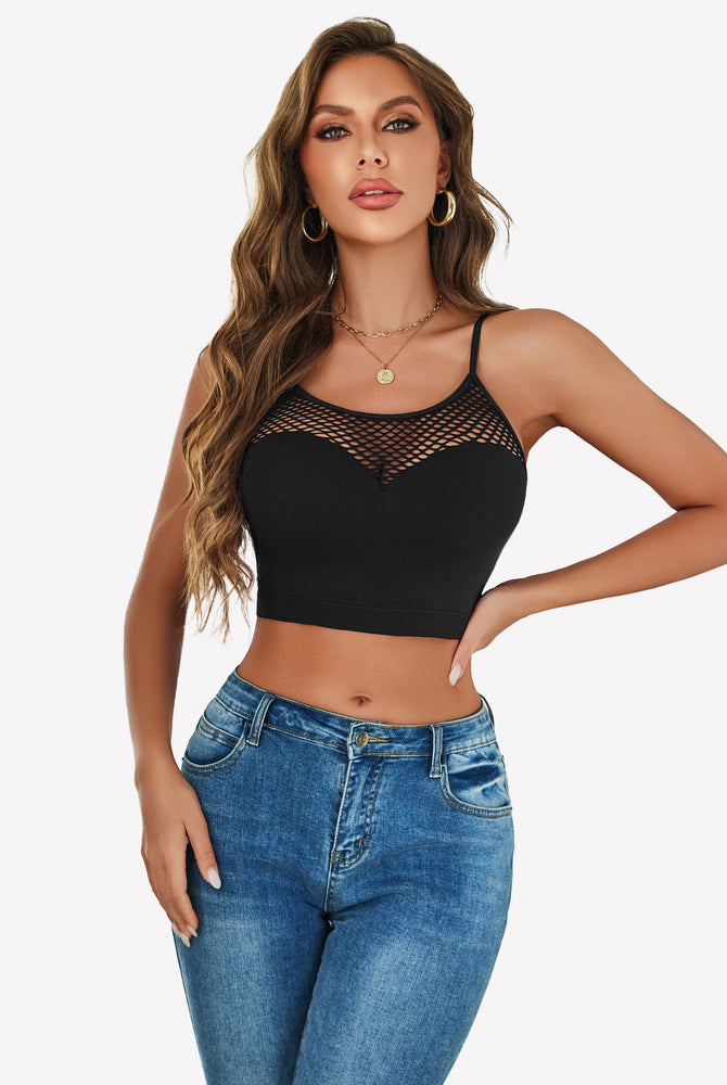 Black fishnet crop top with mesh detail, Y2k bralette, showing attractive curves.