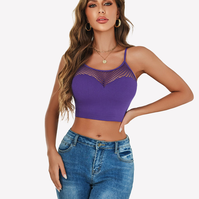 Purple fishnet crop top Y2k bralette with mesh detail, showing attractive curves