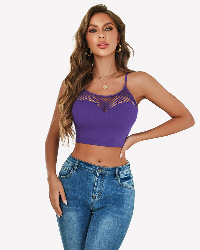 Purple fishnet crop top Y2k bralette with mesh detail, showing attractive curves