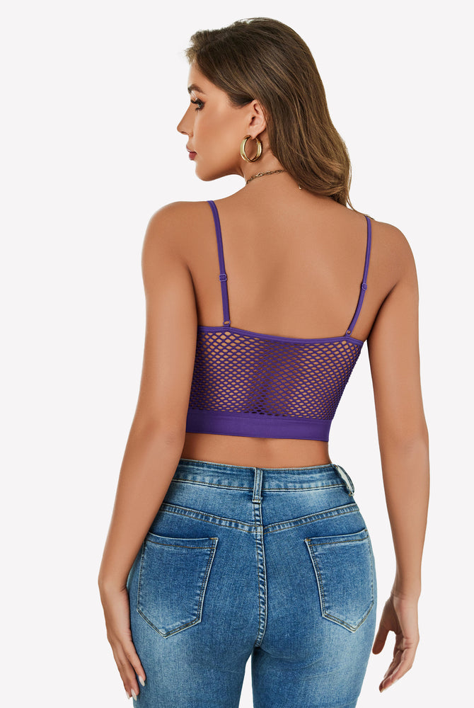 Purple fishnet crop top Y2k bralette, back view, mesh detail, showing attractive curves