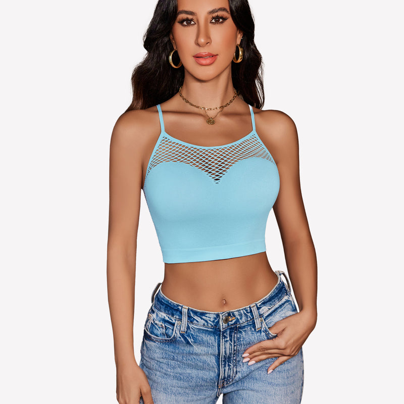 Light blue fishnet crop top with mesh detail, Y2k bralette, showing attractive curves
