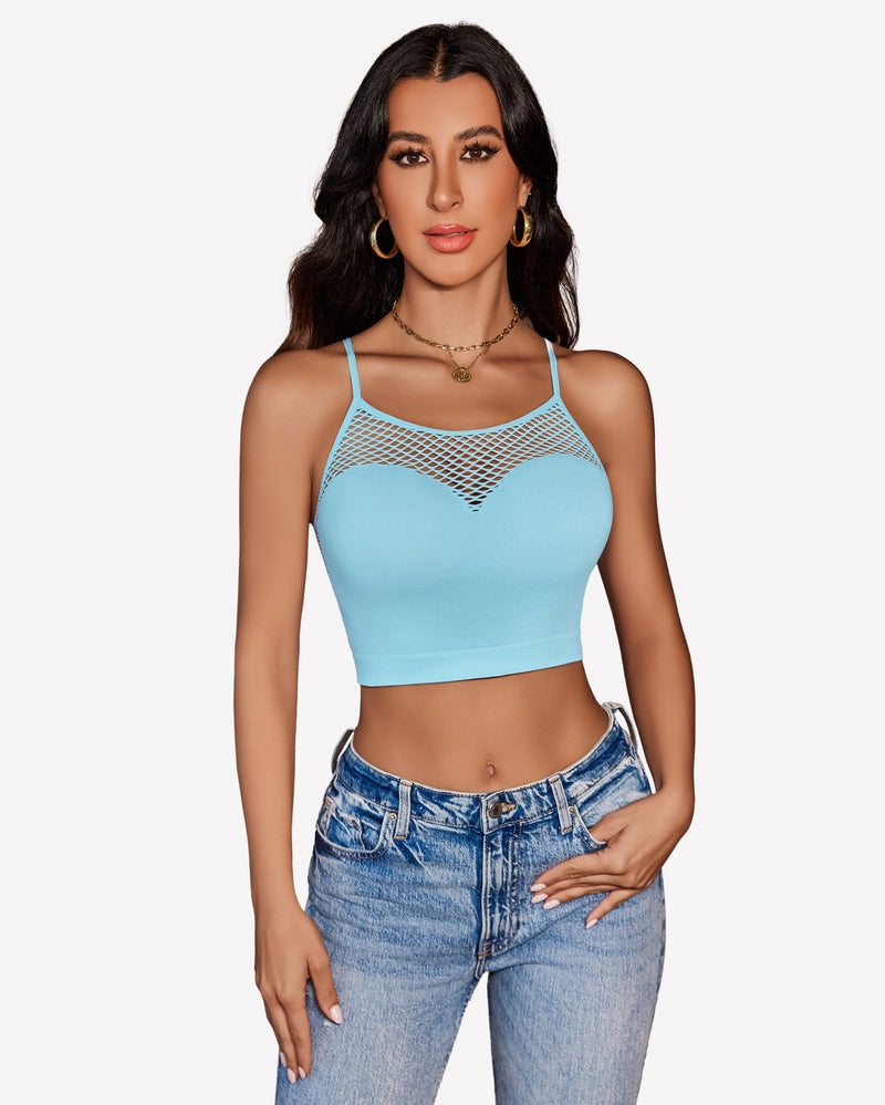 Light blue fishnet crop top with mesh detail, Y2k bralette, showing attractive curves