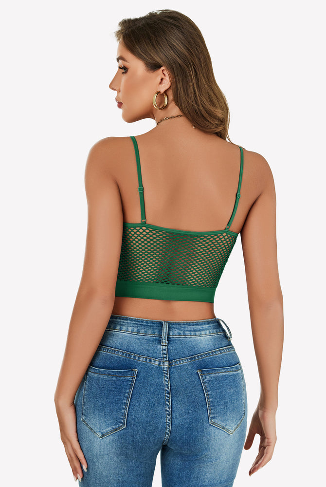 Green fishnet crop top, back view, paired with blue jeans. Y2k Bralette.