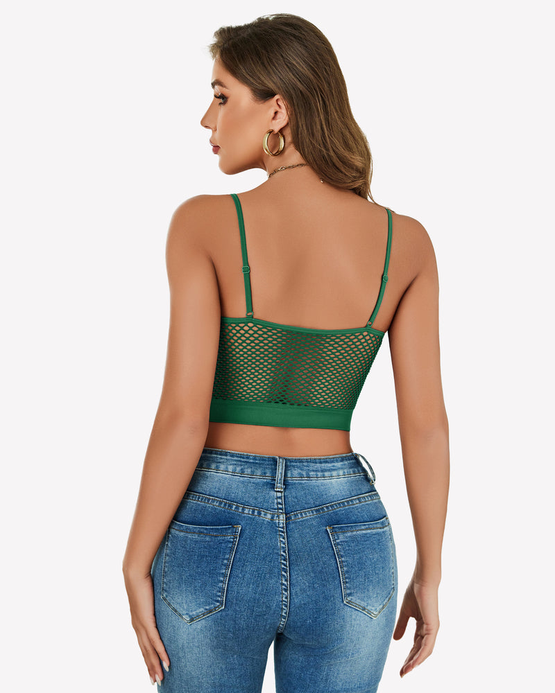 Green fishnet crop top, back view, paired with blue jeans. Y2k Bralette.