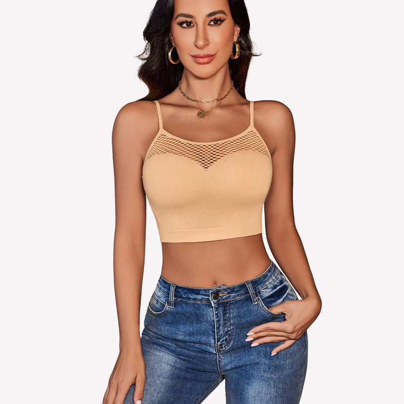 Beige fishnet crop top bralette with mesh detail, paired with blue jeans, showing attractive curves