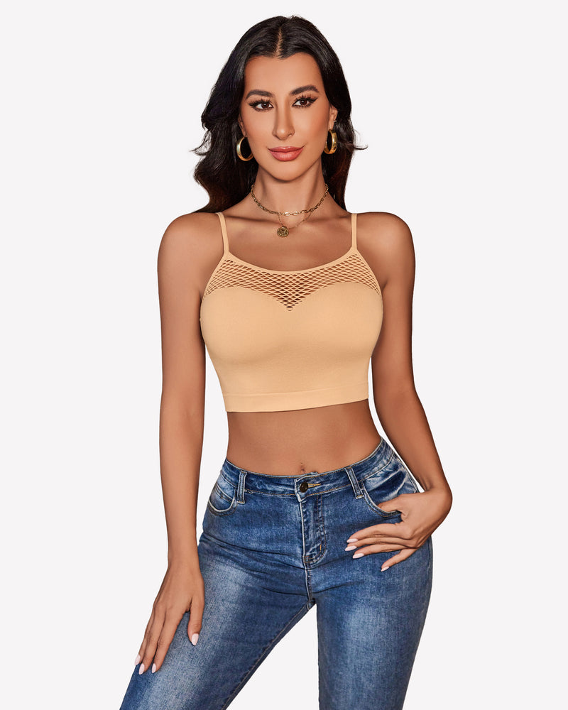 Beige fishnet crop top bralette with mesh detail, paired with blue jeans, showing attractive curves