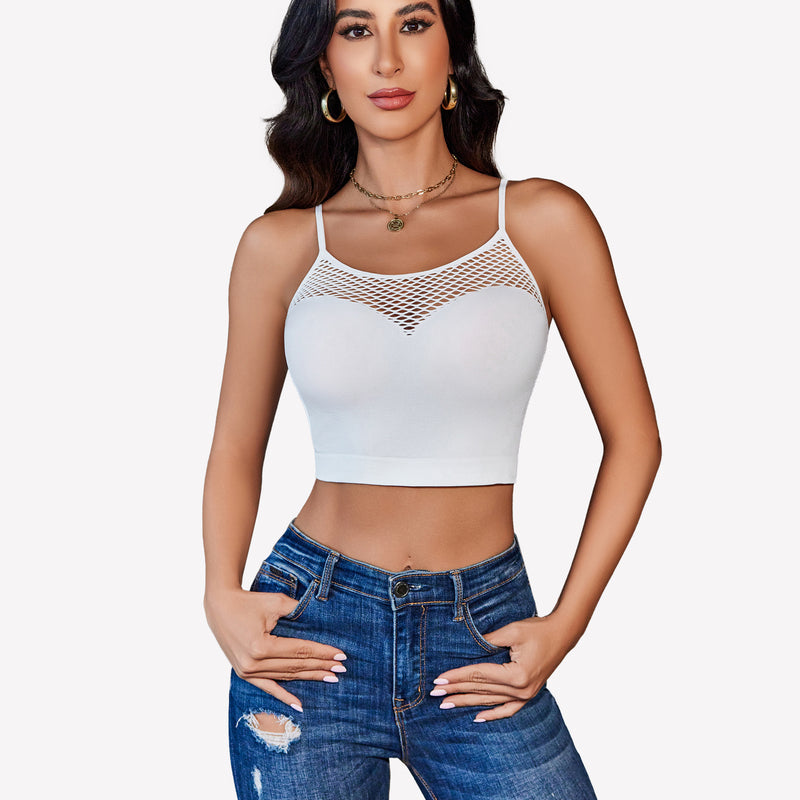 White fishnet crop top bralette with mesh detail, paired with blue jeans, showing attractive curves.
