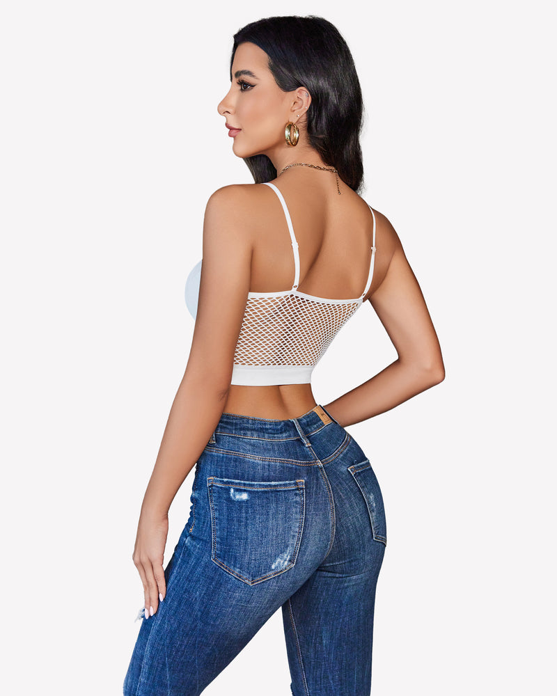 White fishnet crop top paired with blue jeans. Y2k Bralette.