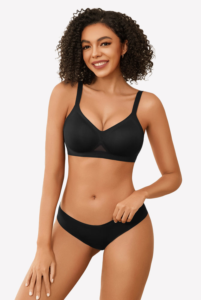 Black seamless wireless bra set, full coverage, soft support, comfortable and stylish lingerie.