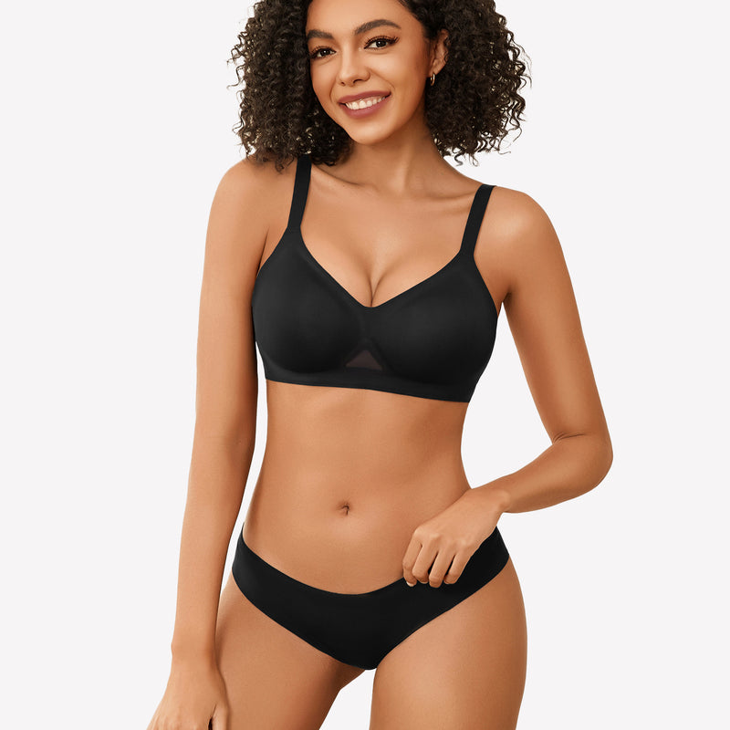 Black seamless wireless bra set, full coverage, soft support, comfortable and stylish lingerie.