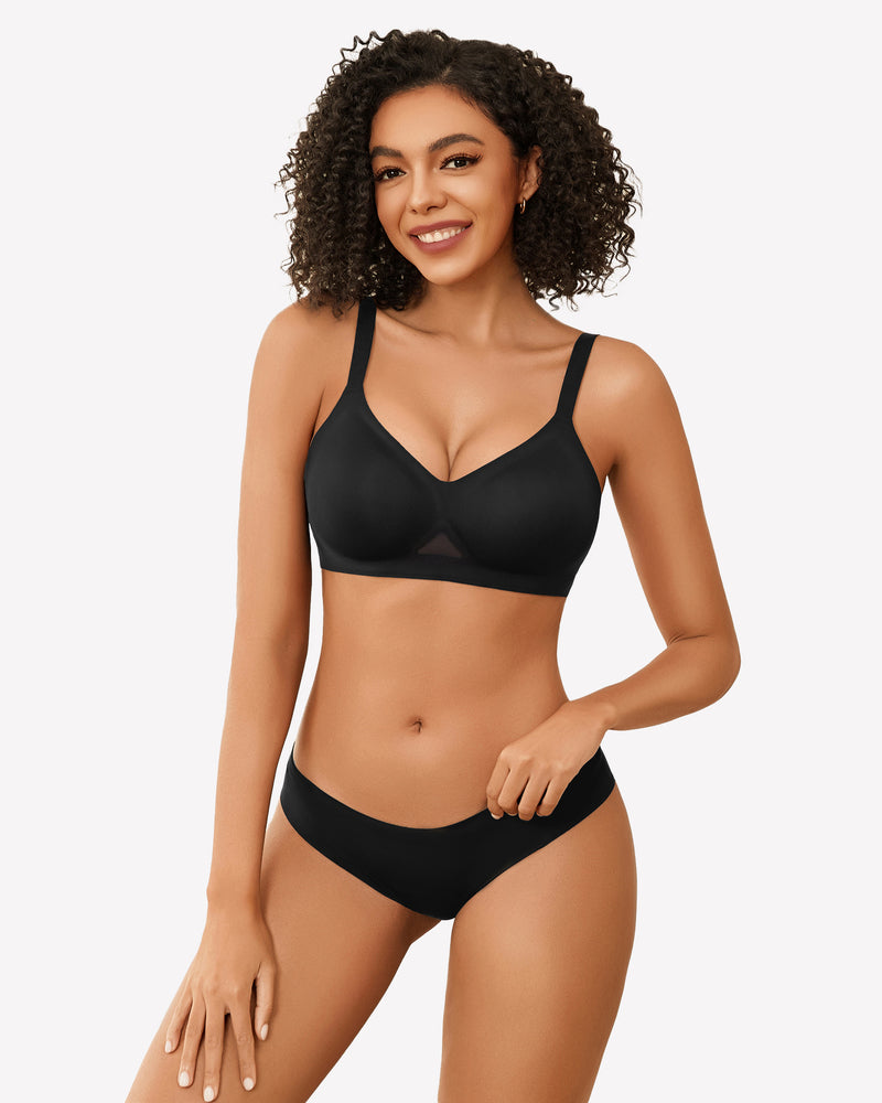 Black seamless wireless bra set, full coverage, soft support, comfortable and stylish lingerie.