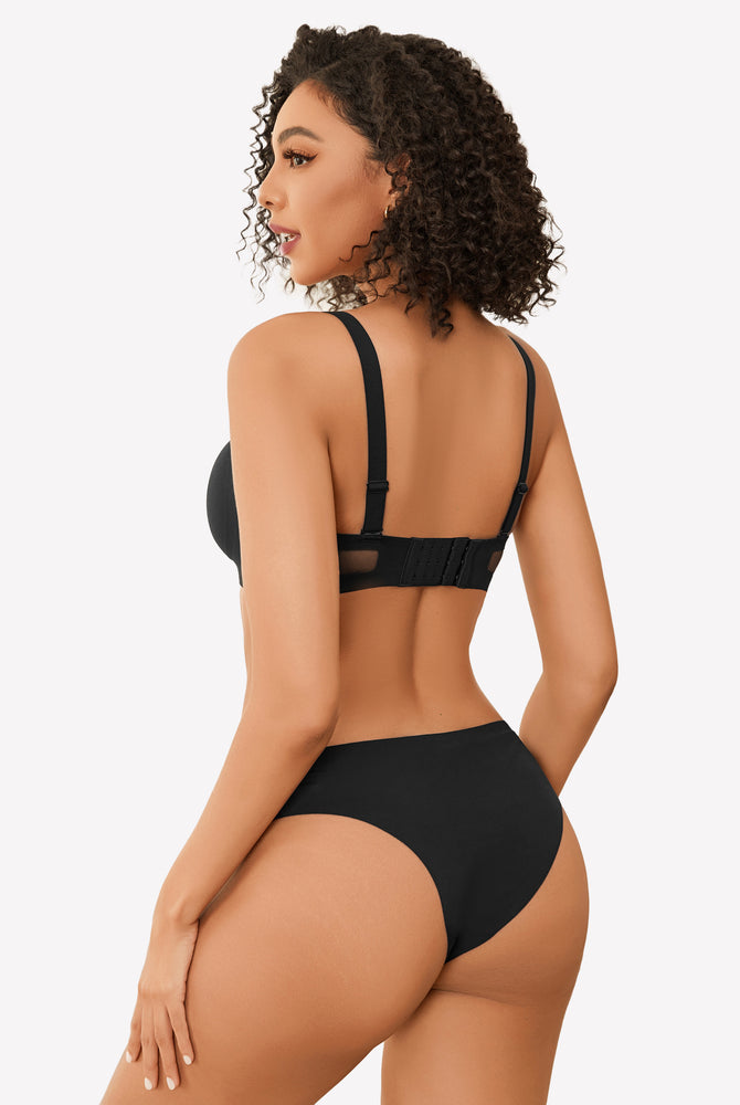 Black seamless wireless bra and panties set, soft support, full coverage, comfortable lingerie