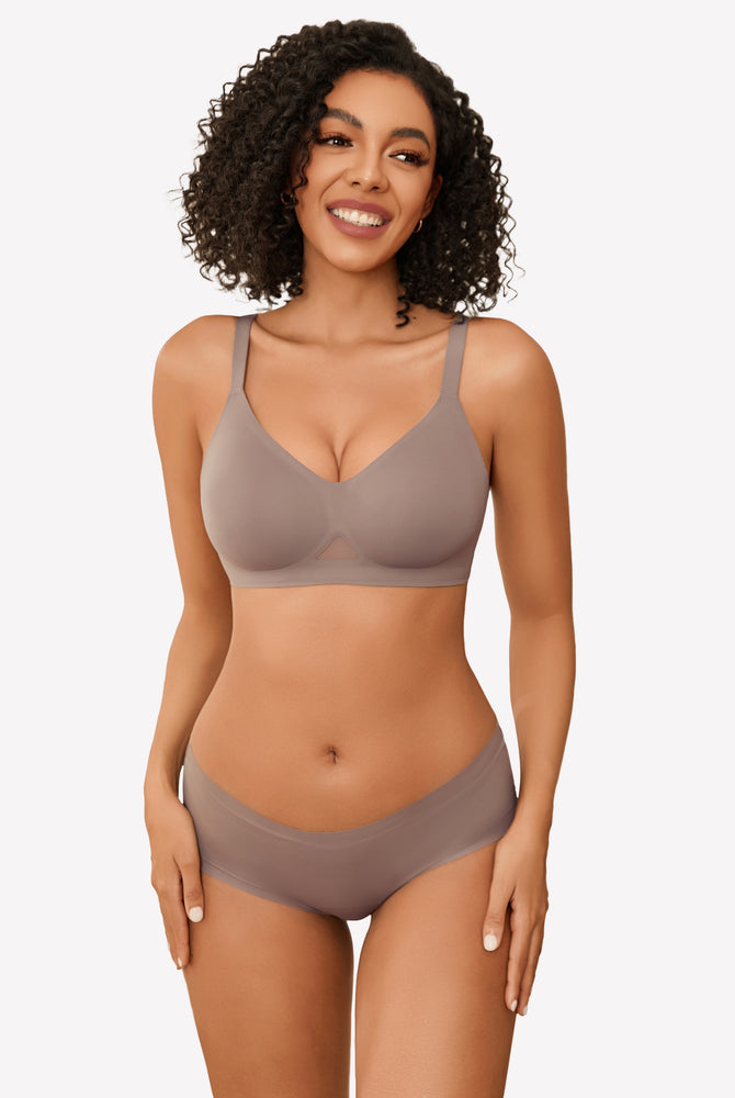 Taupe seamless wireless bra set, full coverage, soft support, comfortable and stylish lingerie.
