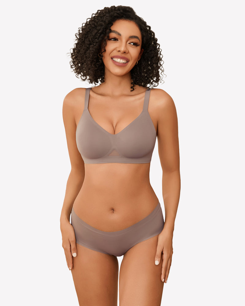 Taupe seamless wireless bra set, full coverage, soft support, comfortable and stylish lingerie.