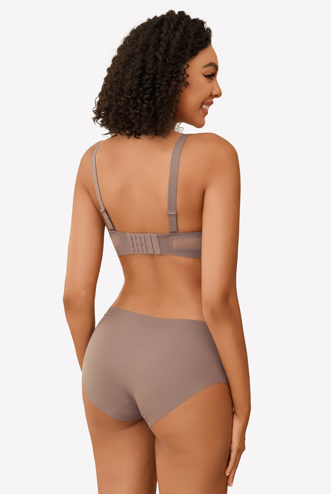 Taupe seamless wireless bra and panties set, soft support, full coverage, comfortable lingerie