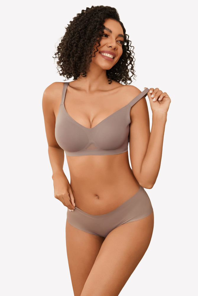 Taupe seamless wireless bra and panties set, soft support, full coverage lingerie