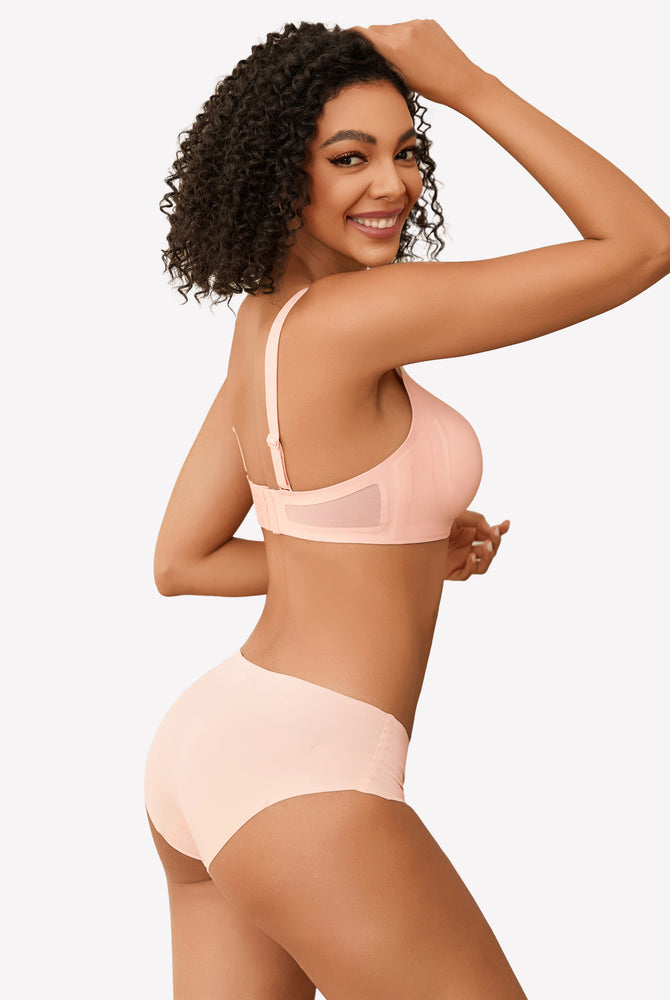 Peach seamless wireless bra set, full coverage, soft support, comfortable and stylish lingerie.