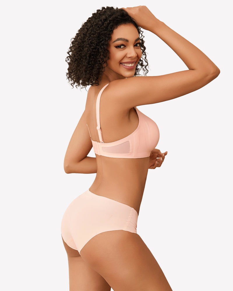 Peach seamless wireless bra set, full coverage, soft support, comfortable and stylish lingerie.