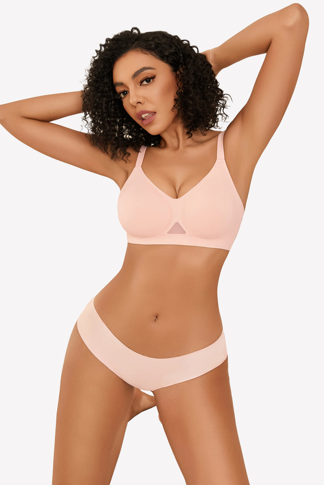 Light pink seamless wireless bra and panties set, soft support, full coverage, comfortable lingerie